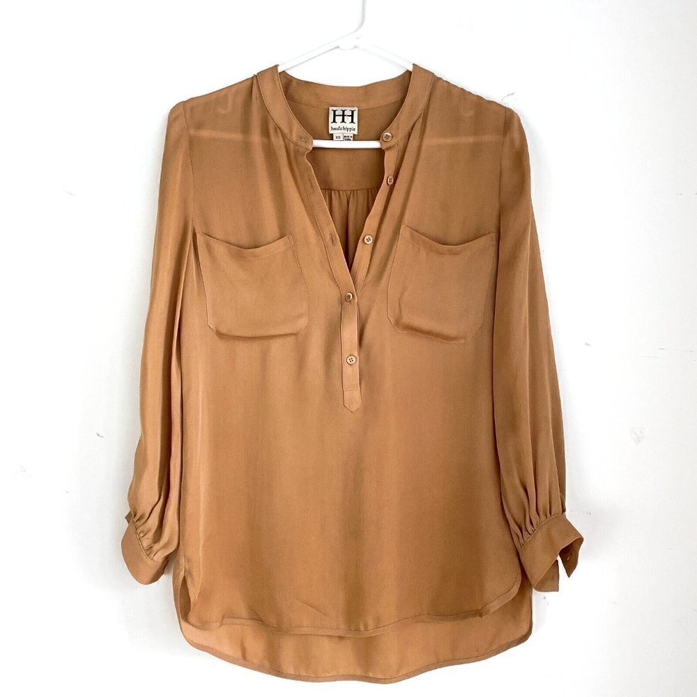 Haute Hippie Nude Beige Button Up Silk Blouse XS